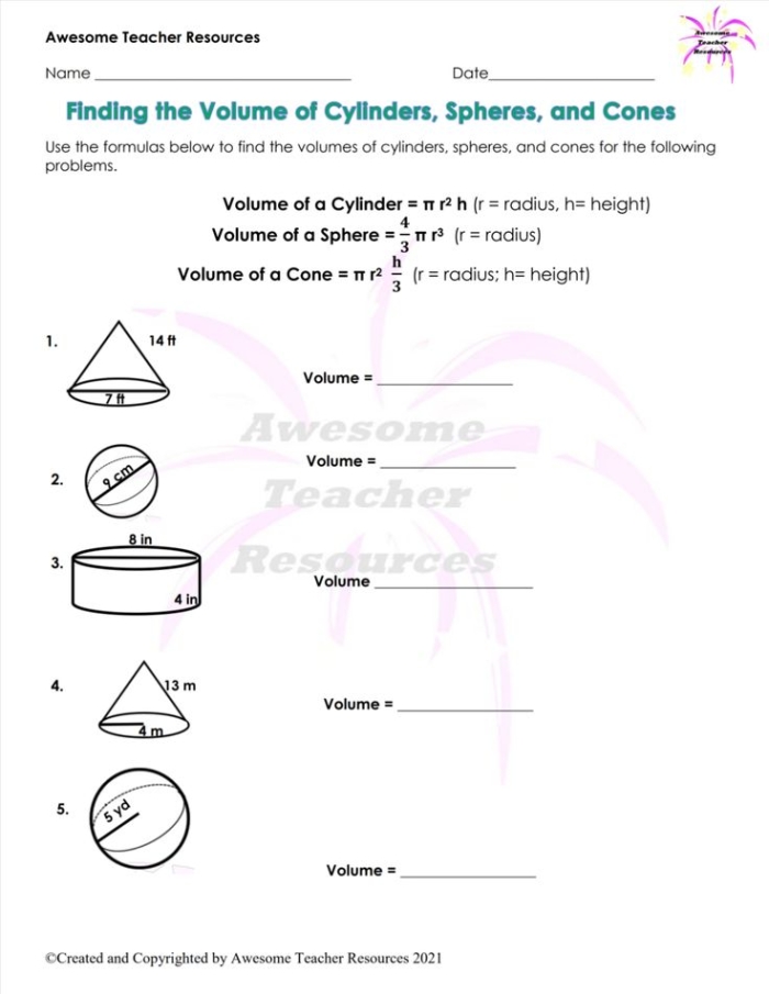 Eighth grade math handout explaining the formulas and steps for calculating the volume of cylinders, cones, and spheres 23