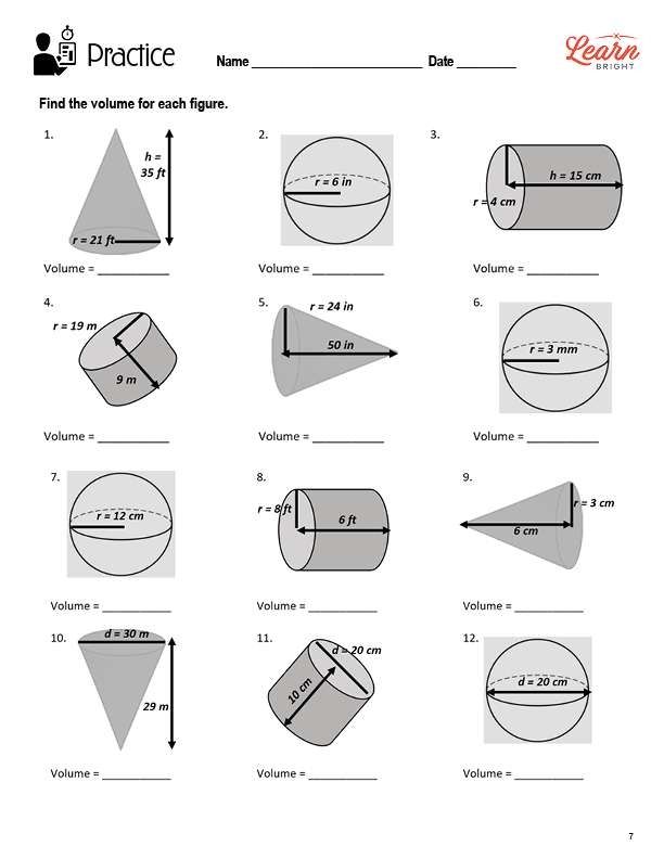 Educational handout for calculating the volume of cylinders, cones, and spheres for eighth-grade students