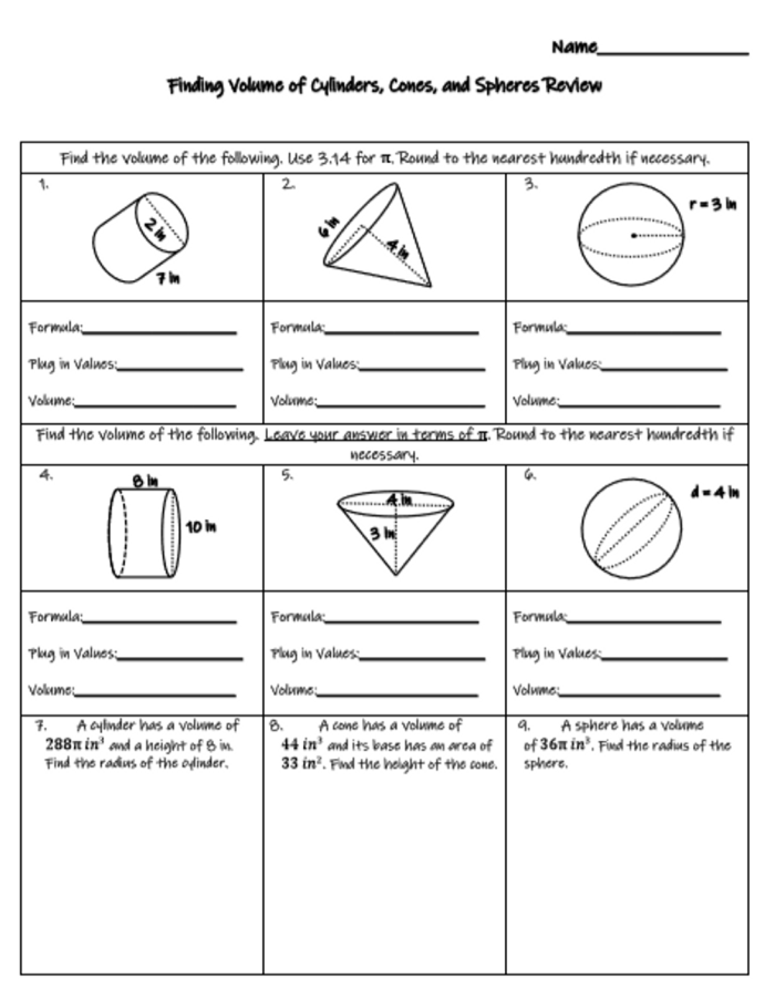 Eighth grade geometry handout explaining how to calculate the volume of cylinders, cones, and spheres