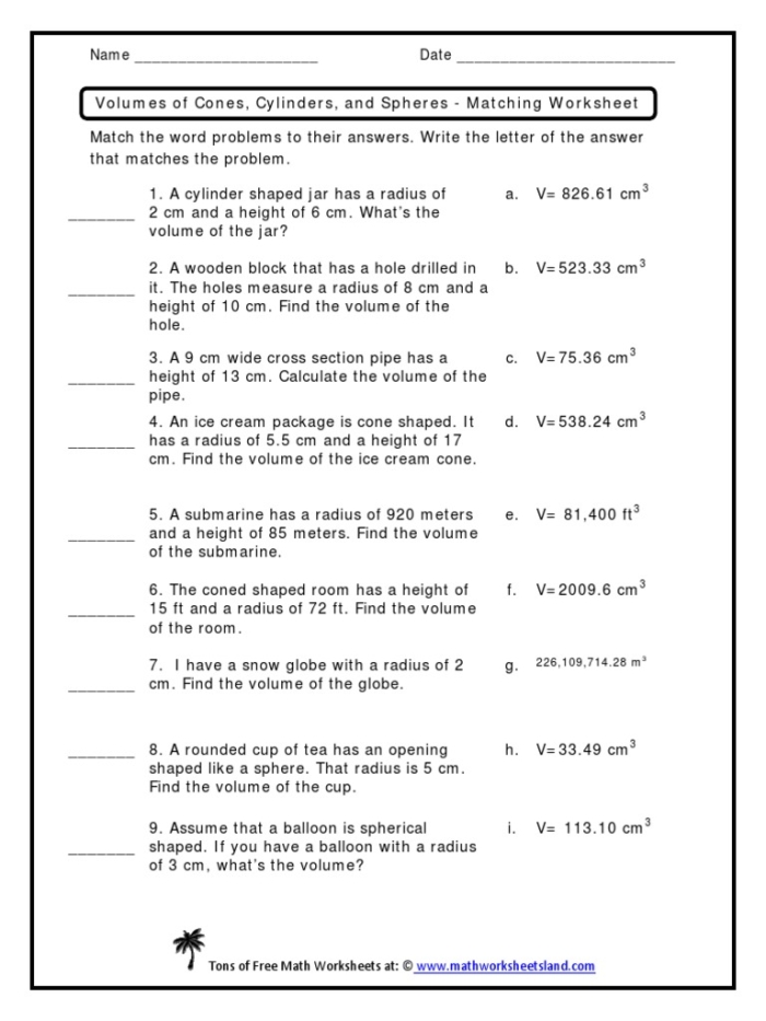 Eighth grade geometry worksheet featuring formulas and practice problems for calculating the volume of cylinders cones and spheres