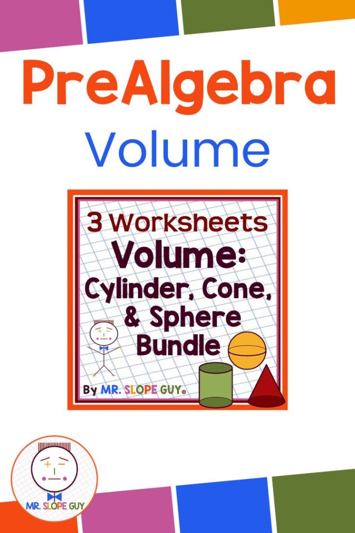 Eighth grade geometry worksheet featuring formulas and examples for calculating the volume of cylinders, cones, and spheres