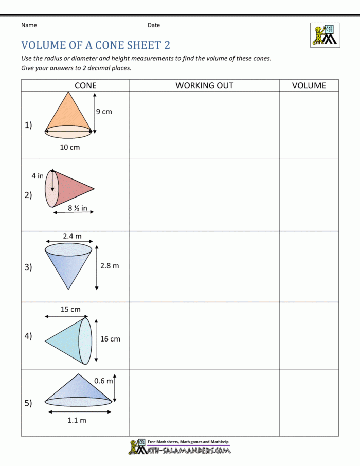 Volume of Cones worksheet for Eighth Grade