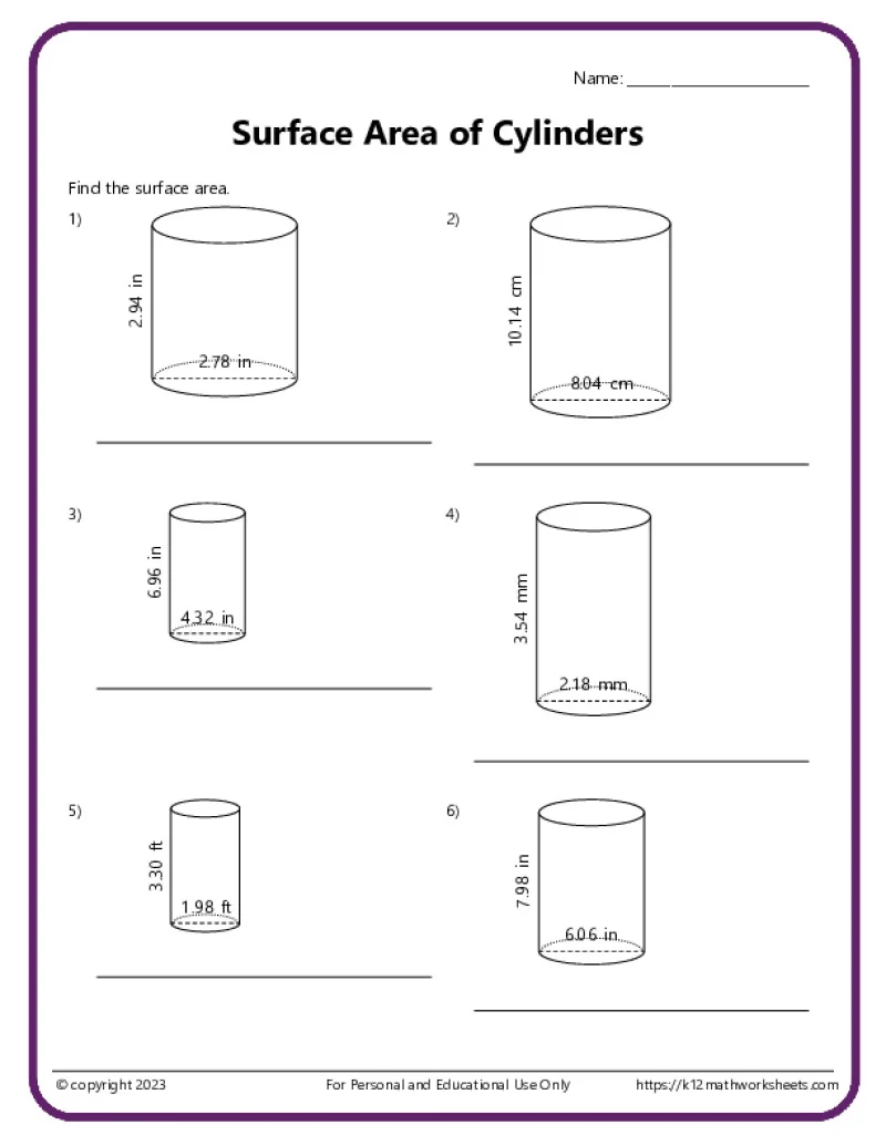 Eighth-grade worksheet illustrating how to calculate the volume of cylinders with example problems
