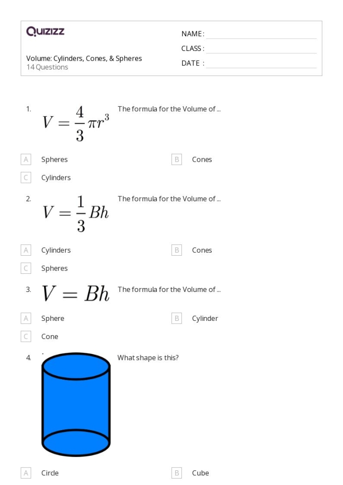 Worksheet providing formulas for calculating the volume of cylinders, cones, and spheres for eighth graders