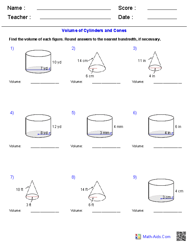 Eighth grade geometry handout showing volume formulas for cylinders cones and spheres