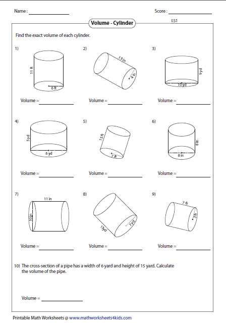 Eighth grade math worksheet showing examples and practice problems for calculating the volume of cylinders