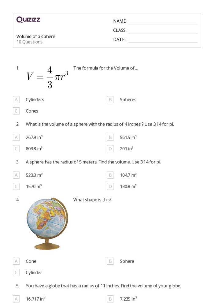 Volume of Spheres Worksheet 15 Eighth Grade Math Practice Eighth grade geometry worksheet featuring practice problems for calculating the volume of spheres