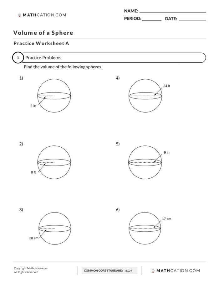 Volume of Spheres Practice Worksheet for 8th Grade Math Lesson 5 Eighth grade geometry worksheet focused on calculating the volume of spheres using mixed operations