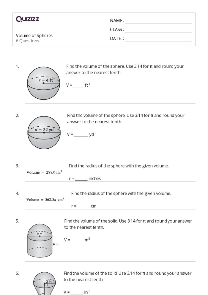 Visual representation of a worksheet focused on calculating sphere volumes Eighth-grade student solving a Volume of Spheres worksheet in geometry class