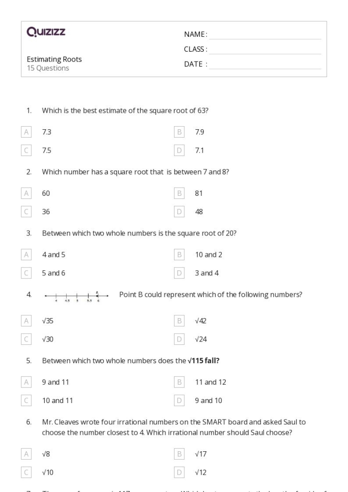 Approximating Square Roots Worksheet Number 17 Eighth grade math worksheet showing problems for approximating square roots of non-perfect numbers