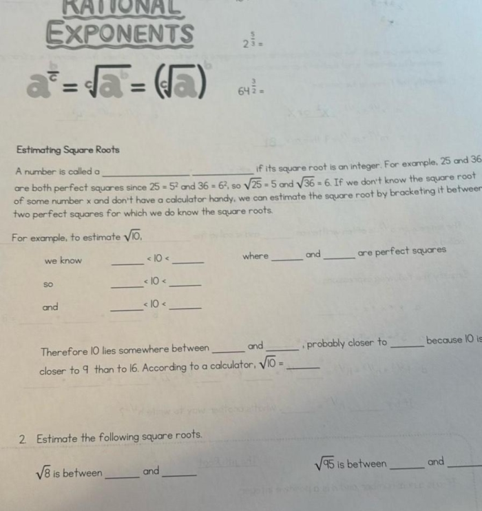 Approximating Square Roots Practice Worksheet Four Eighth grade math worksheet focusing on finding the whole number bounds for non-perfect square roots