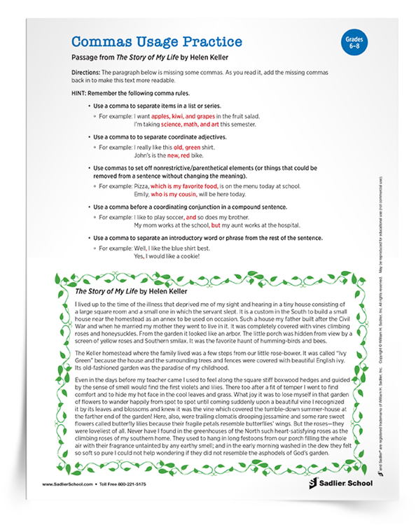 Eighth-grade worksheet on using commas to indicate pauses in sentences