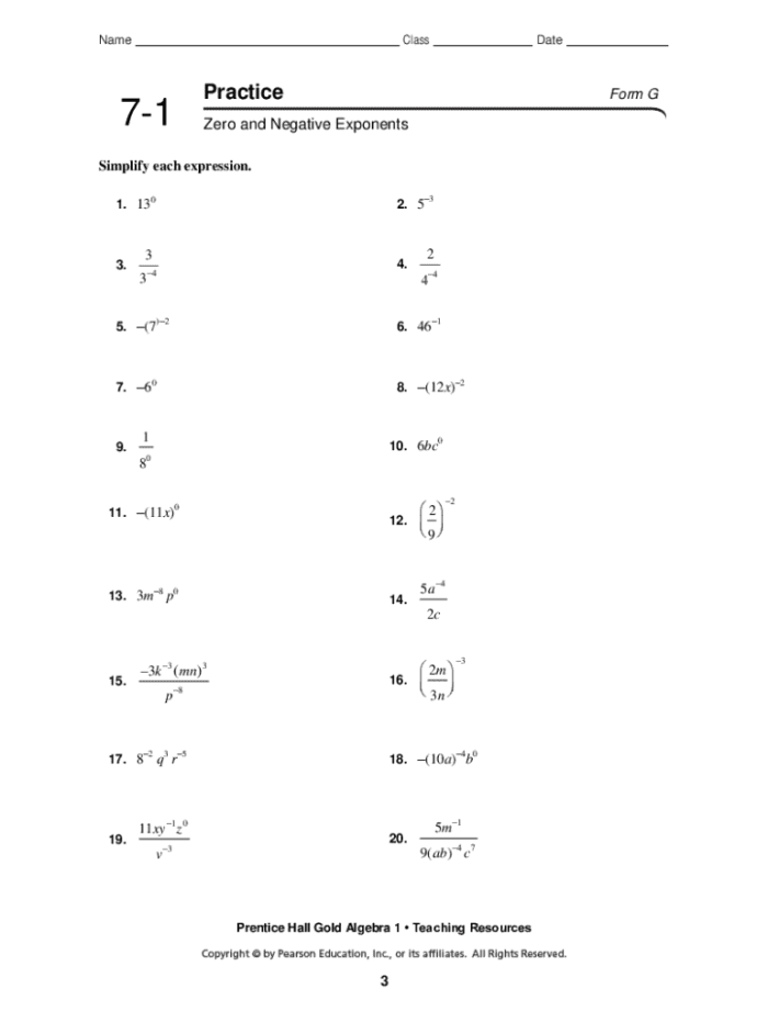 Negative and Zero Exponents Practice Worksheet 18 Eighth grade math worksheet focusing on solving expressions with negative and zero exponents