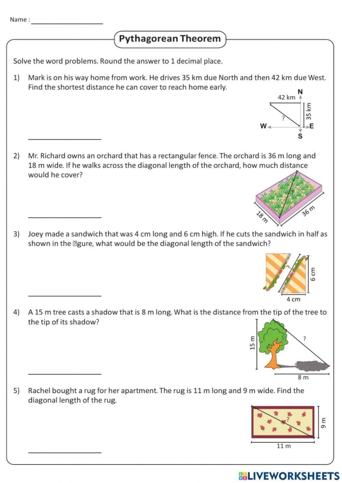 Eighth-grade students solving word problems using the Pythagorean theorem on a worksheet