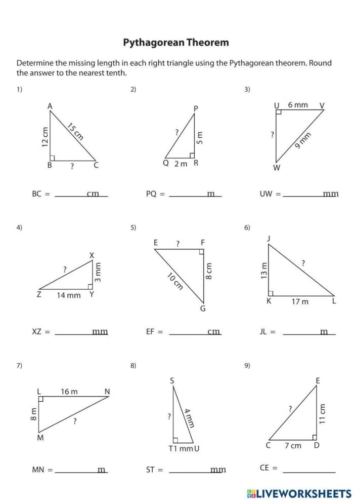 Eighth grade math worksheet showing examples of calculating the missing hypotenuse of right triangles using the Pythagorean theorem