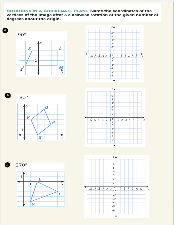 Students graph figures after performing rotations of 90°, 180°, or 270° counterclockwise on a coordinate plane. Eighth grade worksheet for practicing rotations and transformations.