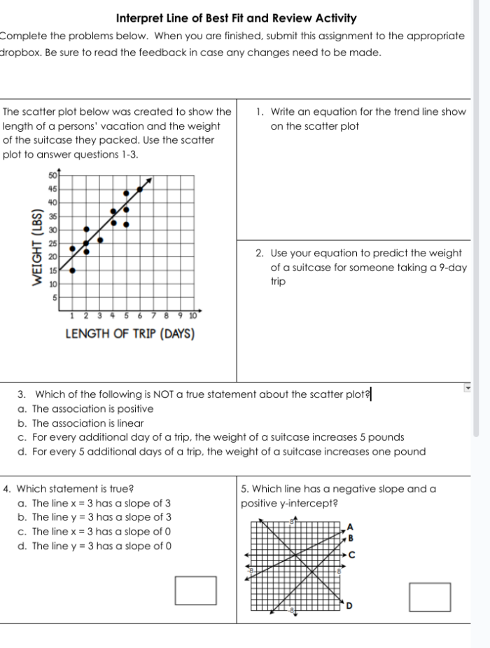 Eighth grade worksheet for interpreting slopes and y-intercepts of lines of best fit in real-world contexts