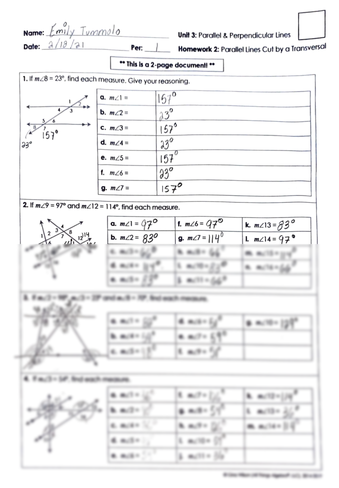 Eighth-grade geometry worksheet focusing on parallel lines cut by a transversal with angle pair practice. Worksheet on parallel lines and transversals for eighth-grade students.
