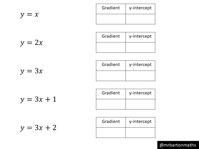 Eighth grade math worksheet showing linear equation problems solved using a y-intercept and a coordinate point