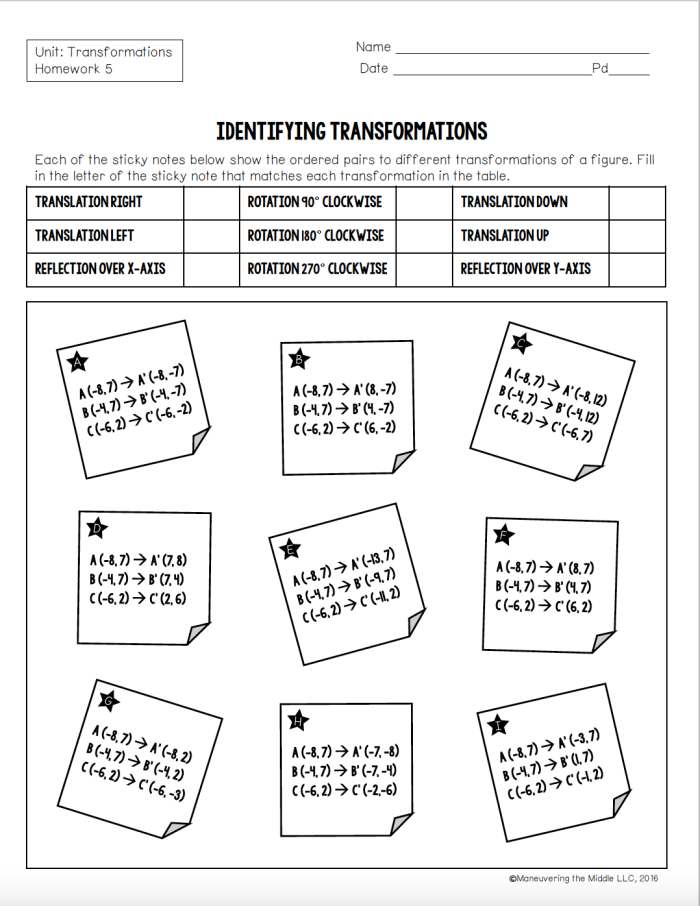 Two eighth-grade students working together to identify transformations between similar geometric figures on a worksheet