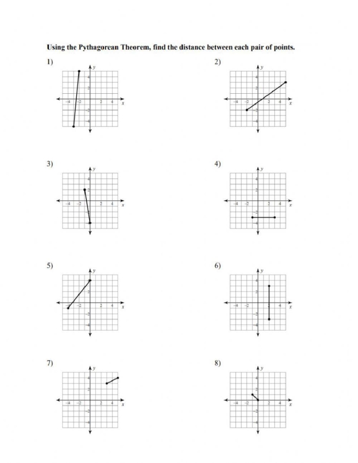 Eighth grade student using the Pythagorean theorem to calculate distance between two points on a coordinate grid worksheet