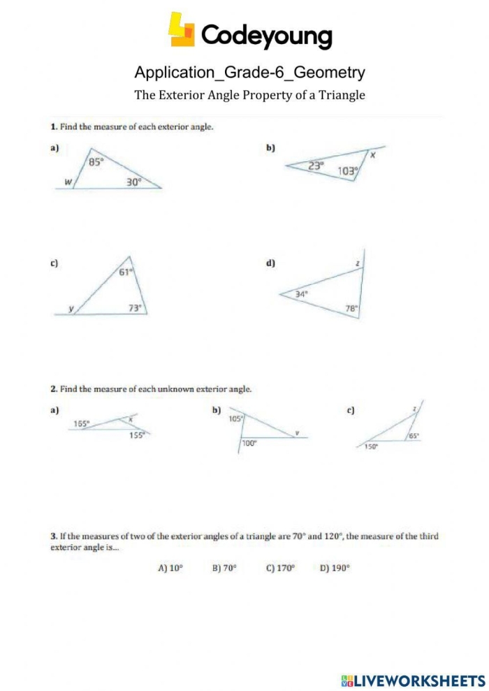 Eighth grade student solving for exterior angles of a triangle using the exterior angle theorem on a geometry worksheet