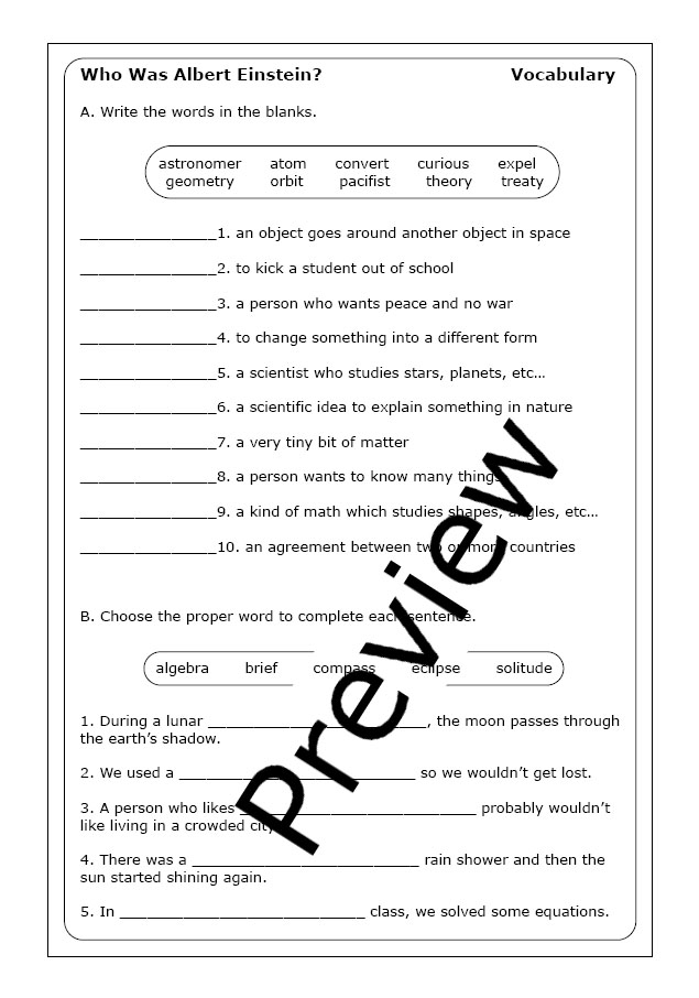 An Introduction to Albert Einstein Worksheet Number Seven A worksheet featuring a biographical text and vocabulary exercises about the life of Albert Einstein for fourth graders