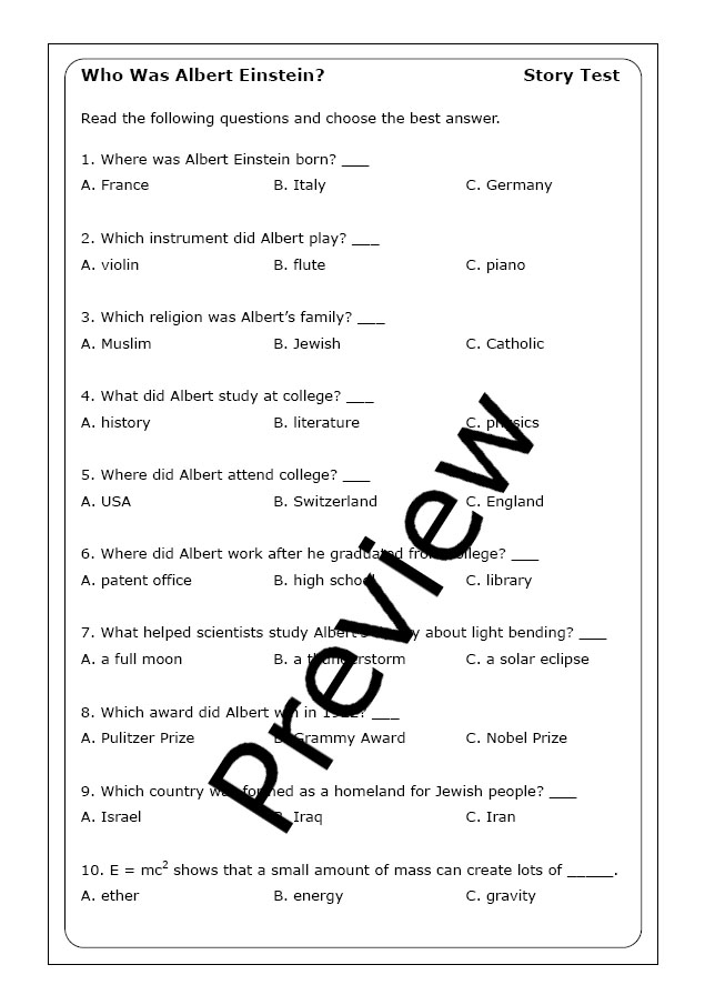 An Introduction to Albert Einstein Vocabulary Worksheet Number 20 A fourth grade worksheet featuring a biography and vocabulary activities about the life of Albert Einstein