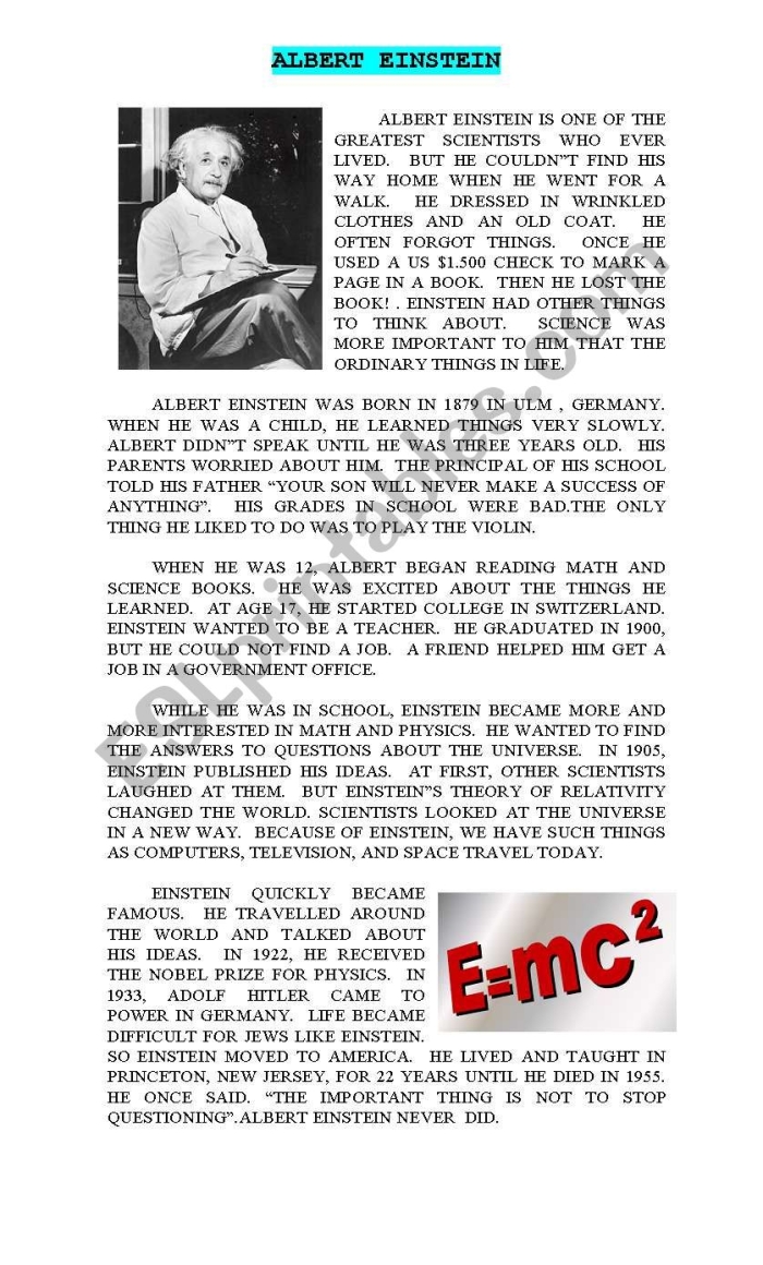 An Introduction to Albert Einstein worksheet for 10 year old students Fourth grade vocabulary worksheet featuring an illustrated biography of Albert Einstein
