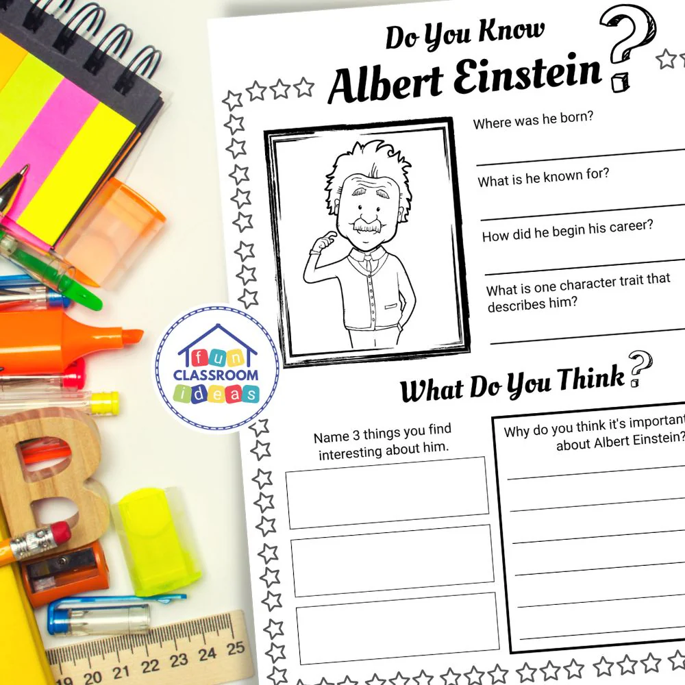 An Introduction to Albert Einstein Vocabulary Worksheet 23 A fourth grade vocabulary worksheet featuring a short biography and physics themed illustrations of Albert Einstein