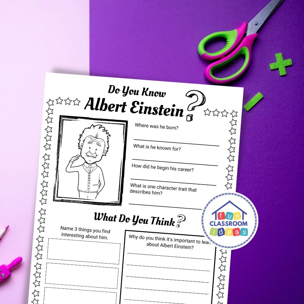 An Introduction to Albert Einstein Vocabulary Worksheet 12 Fourth grade vocabulary worksheet featuring an illustrated biography and physics concepts for Albert Einstein