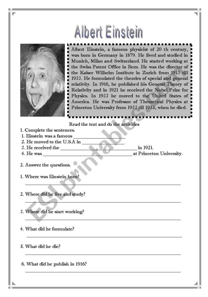 An Introduction to Albert Einstein Worksheet Image 16 Fourth grade vocabulary worksheet featuring an illustrated biography of Albert Einstein