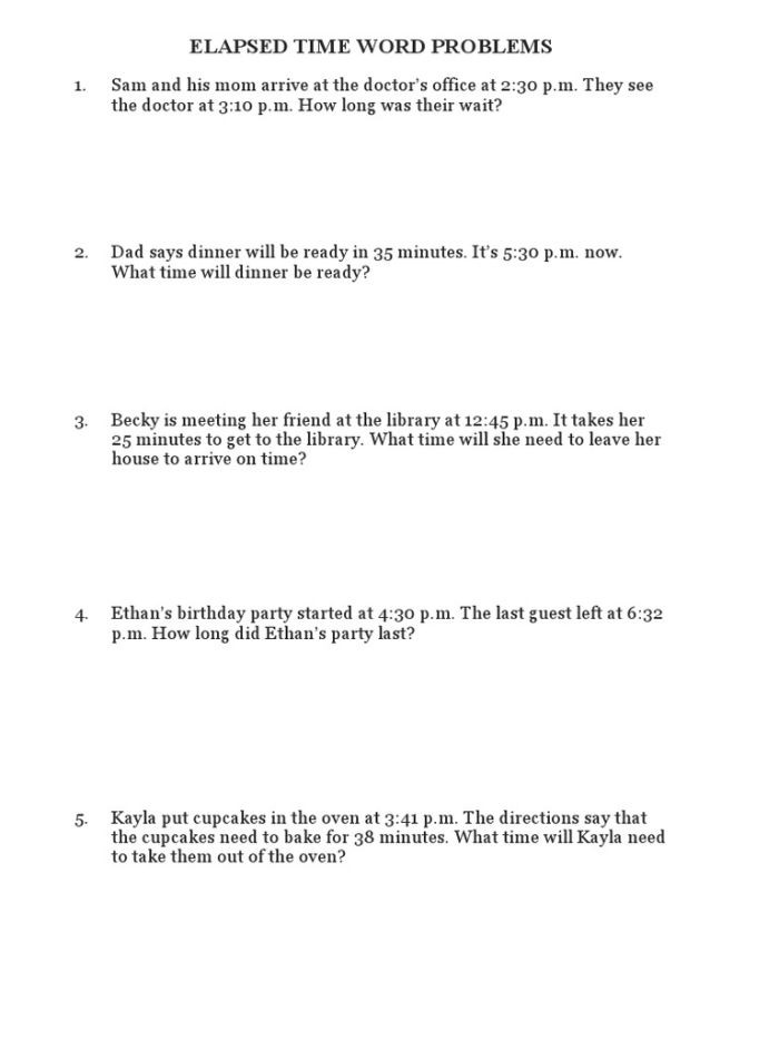 Worksheet illustration for practicing elapsed time in fun, interactive scenarios Elapsed Time Word Problems 2 worksheet featuring engaging time-related activities for third graders