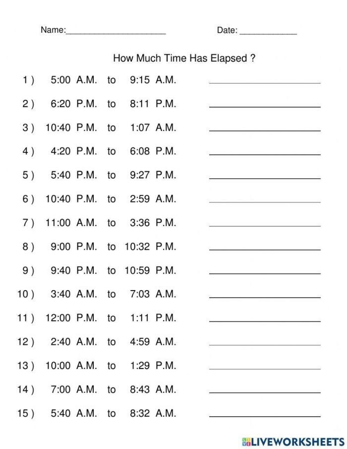 Third grade student using a number line to solve an elapsed time math problem on a worksheet
