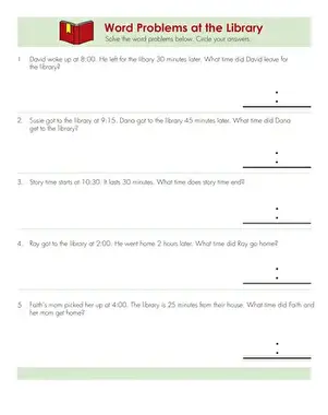 Third grade math worksheet showing library-themed word problems about telling time and calculating elapsed time intervals