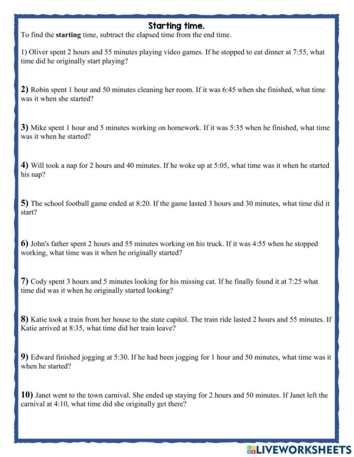 Third grade math worksheet featuring library themed word problems for practicing elapsed time