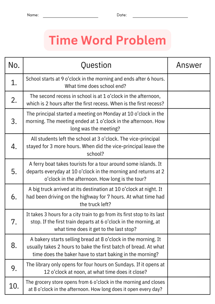 Visual representation of a worksheet focused on elapsed time word problems for third graders