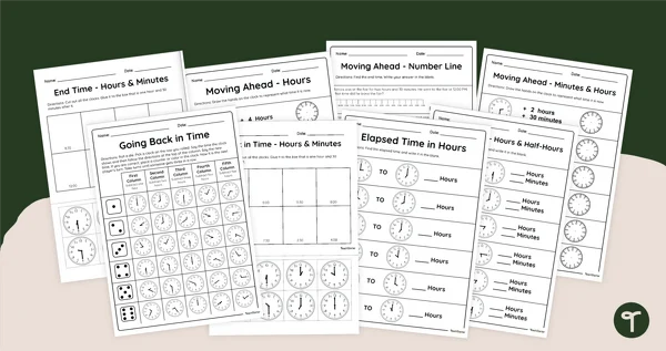 Third grade worksheet showing number line exercises for calculating elapsed time