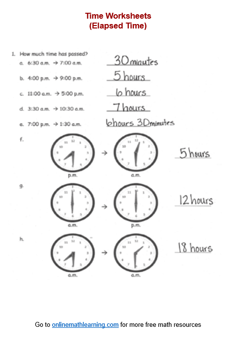 Third grade math worksheet for calculating elapsed time with a number line method