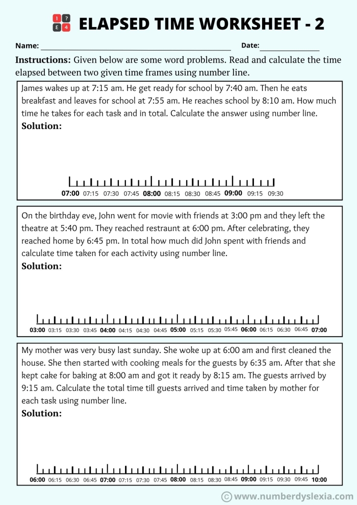 A number line showing time intervals with arrows marking the start and end points to help students calculate elapsed time