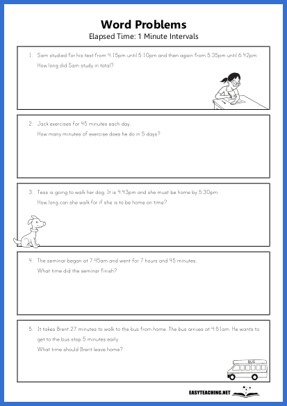 Third grade math worksheet for calculating elapsed time with number line exercises