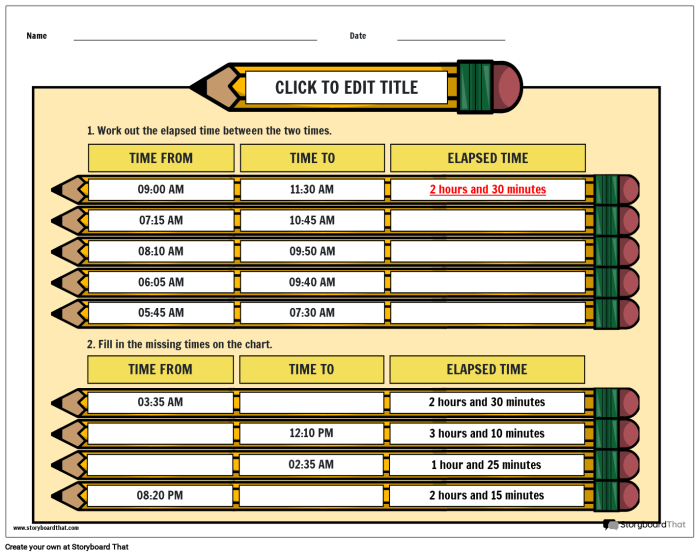 Students using a number line to solve elapsed time problems on a worksheet