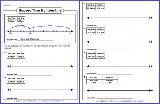 Third grade math worksheet showing a number line with intervals marked for calculating time elapsed between two clock times