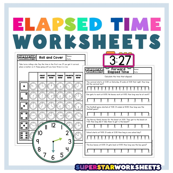 Third grade math worksheet showing a number line method for calculating elapsed time intervals using subtraction