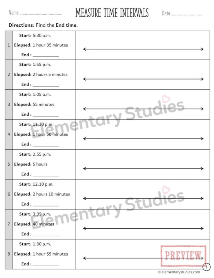 Third grade math worksheet for calculating elapsed time with a number line visualization