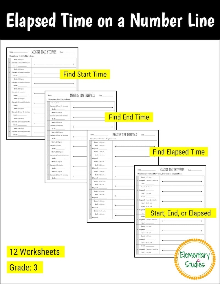 Third grade students using a number line to calculate elapsed time for this subtraction worksheet number seven