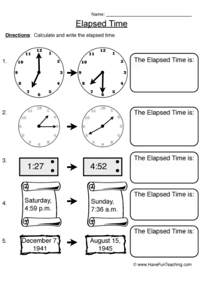 Third grade student using a number line to solve an elapsed time math problem on a worksheet