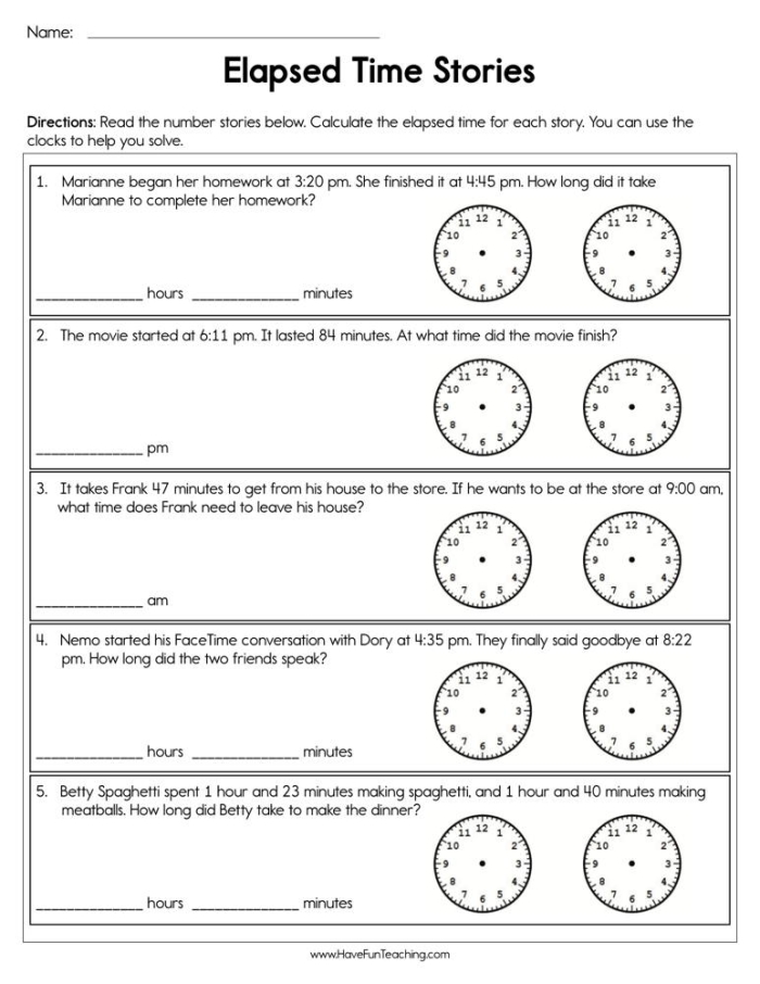 Third grade math worksheet featuring word problems about calculating elapsed time