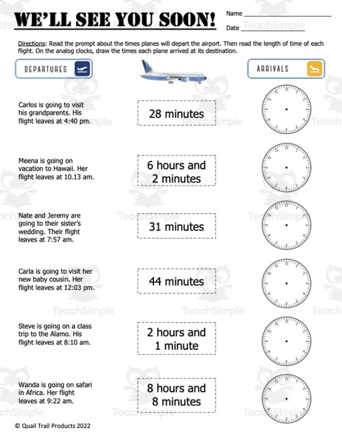 Third grade student completing a Time Flies! worksheet to practice elapsed time on analog clocks