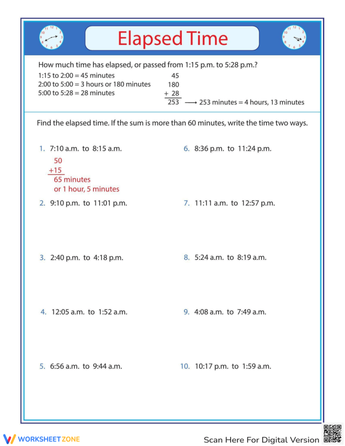 How Much Time Has Gone By? worksheet for life science students Worksheet for calculating elapsed time for third graders